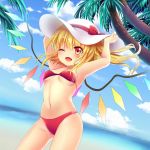  1girl ;d adjusting_clothes adjusting_hat alternate_costume alternate_headwear armpits arms_up beach bikini blonde_hair blush bow breasts coconut_tree cowboy_shot crystal day fang flandre_scarlet hat hat_bow long_hair looking_at_viewer navel one_eye_closed open_mouth outdoors palm_tree red_bikini red_bow red_eyes rimu_(kingyo_origin) side_ponytail small_breasts smile solo stomach sun_hat swimsuit touhou tree under_boob wings 