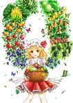  1girl :d apple ascot banana bangs basket blonde_hair blueberry blush butterfly cowboy_shot crystal dtvisu eggplant flandre_scarlet food frilled_shirt_collar frilled_skirt frills fruit grapes hat hat_ribbon highres holding_basket leaf lemon looking_at_viewer mango melon mob_cap open_mouth orange plant_wings puffy_short_sleeves puffy_sleeves red_eyes red_ribbon red_skirt ribbon short_sleeves side_ponytail skirt smile solo strawberry touhou watermelon white_background wings 