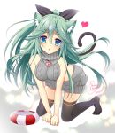  1girl 2017 aikawa_ryou all_fours animal_ears aran_sweater artist_name ass backless_outfit bangs bare_shoulders black_legwear black_ribbon blush bowl breasts butt_crack cat_ears cat_tail dated dress eyebrows_visible_through_hair full_body green_eyes green_hair grey_dress hair_between_eyes hair_flaps hair_ornament hair_ribbon hairclip halterneck heart heart-shaped_lock jewelry kantai_collection kawai_maria kneeling locket long_hair looking_at_viewer medium_breasts naked_sweater no_bra no_panties no_underwear on_floor open-back_dress open_mouth pendant pet_bowl ponytail ribbed_sweater ribbon signature solo sweater sweater_dress tail thigh-highs turtleneck turtleneck_sweater virgin_killer_sweater yamakaze_(kantai_collection) 