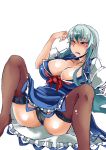  1girl ;( black_panties blue_dress blue_hair breasts brown_legwear cleavage collarbone dress fallen_down garter_straps heiseikorotaisei kamishirasawa_keine large_breasts long_hair multicolored_hair no_hat no_headwear panties pantyshot pantyshot_(sitting) parted_lips puffy_short_sleeves puffy_sleeves red_eyes short_sleeves sidelocks silver_hair sitting solo thigh-highs touhou two-tone_hair underwear wince 