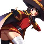  1girl absurdres ass bandage belt black_hair black_legwear blush cape dress eyepatch fingerless_gloves gloves hat highres kono_subarashii_sekai_ni_shukufuku_wo! looking_at_viewer megumin naze open_mouth red_eyes short_hair single_thighhigh smile solo thigh-highs white_background witch_hat 