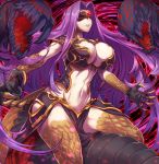  1girl abs bangs blindfold breasts bustier claws cleavage cleavage_cutout commentary_request covered_eyes dark_persona domino_mask fate/grand_order fate_(series) gorgon_(fate) large_breasts long_hair mask navel parted_bangs pelvic_curtain purple_hair rider scales sidelocks solo teeth tomoyohi 