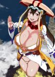  1girl :d bikini blush breasts brown_hair cleavage erect_nipples fate/grand_order fate_(series) go-m hat highres huge_breasts jewelry long_hair looking_at_viewer necklace open_mouth smile solo swimsuit teeth violet_eyes white_bikini xuanzang_(fate/grand_order) 