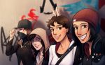  4girls aiden_pearce alex_mercer assassin&#039;s_creed_(series) beanie crossover delsin_rowe desmond_miles genderswap genderswap_(mtf) graffiti hat hood hoodie infamous infamous_second_son multiple_girls prototype_(game) radianceria smile watch_dogs 