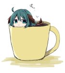  1girl :3 ahoge animal_ears chibi coffee_cup cup dog_ears dog_tail green_eyes green_hair in_container in_cup kasodani_kyouko short_hair solo tail touhou uguisu_mochi_(ykss35) 