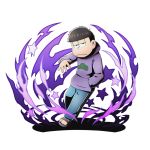  1boy alpha_transparency black_eyes black_hair divine_gate floating hand_in_pocket hood hoodie jitome looking_at_viewer male_focus matsuno_ichimatsu messy_hair official_art open_toe_shoes osomatsu-kun osomatsu-san outstretched_arm pants purple_shirt sandals shadow shirt shoes short_hair slouching solo star track_pants transparent_background ucmm 