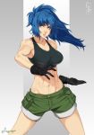  1girl abs biceps black_gloves blue_eyes blue_hair breasts cleavage crop_top feguimel fighting_stance gloves highres leona_heidern midriff muscle muscular_female navel ponytail shorts solo stomach tank_top the_king_of_fighters toned 