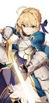  1girl ahoge armor bangs blonde_hair blue_ribbon braid breastplate emil_(dnjsrl63) excalibur eyebrows_visible_through_hair fate/stay_night fate_(series) faulds gauntlets green_eyes hair_between_eyes hair_intakes hair_ribbon highres holding holding_sword holding_weapon juliet_sleeves long_sleeves looking_at_viewer parted_lips puffy_sleeves ribbon saber short_hair_with_long_locks simple_background smile solo sword weapon white_background 