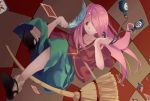  1girl alternate_hair_color alternate_skin_color bottle broom capelet checkered checkered_background cork dutch_angle feathers hair_over_one_eye highres karasen little_witch_academia long_hair pink_hair red_eyes solo sucy_manbavaran 