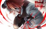  1boy 302 aqua_eyes brass_knuckles clenched_hands fangs glasses highres kekkai_sensen klaus_von_reinhertz male_focus necktie redhead serious solo twitter_username vest weapon 