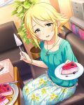  1girl artist_request bangs blonde_hair blush book bracelet cake card_(medium) character_name collarbone couch floral_print food fruit green_eyes holding idolmaster idolmaster_cinderella_girls jewelry looking_at_viewer official_art open_mouth pendant plant plate short_hair smile solo table umeki_otoha 