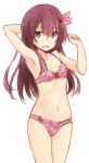  1girl :d alternate_costume arm_behind_head arm_up armpits bangs bare_arms bare_shoulders blush bra breasts cleavage collarbone commentary_request cowboy_shot eyebrows_visible_through_hair floral_print flower hair_ornament hairpin kantai_collection kisaragi_(kantai_collection) legs_together lingerie long_hair looking_at_viewer nagami_yuu navel open_mouth panties pink_bra pink_panties red_rose redhead rose simple_background small_breasts smile solo stomach underwear underwear_only violet_eyes white_background 