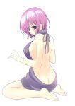 1girl :o absurdres aran_sweater ass backless_outfit bangs bare_back bare_shoulders barefoot blush breasts butt_crack dress fate/grand_order fate_(series) full_body hair_between_eyes half-closed_eyes halterneck highres kayurayuka large_breasts looking_back looking_down naked_sweater no_bra no_panties open-back_dress parted_lips purple_hair ribbed_sweater shielder_(fate/grand_order) short_hair shoulder_blades sideboob simple_background sitting soles solo sweater sweater_dress turtleneck turtleneck_sweater violet_eyes virgin_killer_sweater wariza white_background