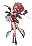  1girl amputee baiken diestro fighting_stance full_body grin guilty_gear guilty_gear_xrd highres japanese_clothes katana kimono legs lips long_hair obi one-eyed pink_hair ponytail sash scabbard scar scar_across_eye sheath side_slit smile solo sword tabi unsheathed weapon 