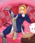  1girl armor armored_boots blonde_hair blue_bodysuit blue_eyes bodysuit boots box_of_chocolates chocolate chocolate_heart gloves hairband heart highres league_of_legends licking long_hair looking_at_viewer luxanna_crownguard lying maomi_wo on_chair pillow poro_(league_of_legends) solo tongue tongue_out white_gloves 