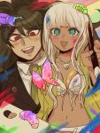  1boy 1girl bangs beetle bikini_top blazer blunt_bangs brown_hair butterfly caterpillar dangan_ronpa dark_skin dark_skinned_male ganguro glasses gokuhara_gonta green_eyes grubs highres insect jacket jewelry long_hair low_twintails machi_(mctri) multicolored multicolored_background necklace new_dangan_ronpa_v3 paint paint_on_clothes paintbrush painting palette red_eyes round_glasses school_uniform shell_necklace silver_hair simple_background smile twintails wide_sleeves yellow_jacket yonaga_angie 
