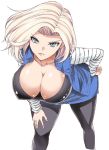  android_18 aoiakira553 aqua_eyes bent_over blonde_hair breasts cleavage dragon_ball dragonball_z hand_on_hip jpeg_artifacts large_breasts lips looking_at_viewer pantyhose pout short_hair simple_background white_background 