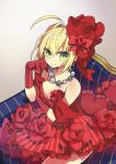  1girl ahoge blonde_hair breasts cleavage dress fate/extra fate_(series) flower gloves green_eyes hair_flower hair_ornament highres jewelry necklace red_dress red_gloves saber_extra sitting sleeveless sleeveless_dress smile solo ulogbe 