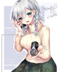  1girl 2017 :d alternate_costume artist_name blush braid breasts can colored_eyelashes commentary_request contemporary cowboy_shot dated eyebrows_visible_through_hair fingernails foreshortening green_eyes green_skirt hair_between_eyes head_tilt highres izayoi_sakuya long_hair long_sleeves looking_at_viewer medium_breasts no_headwear open_mouth outline pov red_lips ribbed_sweater shanghai_bisu signature silver_hair skirt smile soda_can solo sweater touhou turtleneck turtleneck_sweater twin_braids yellow_sweater 