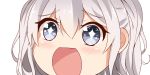  +_+ 1girl blue_eyes close-up kantai_collection kashima_(kantai_collection) long_hair looking_at_viewer no_nose open_mouth silver_hair simple_background sin-poi solo sparkling_eyes twintails wavy_hair white_background 
