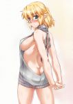  1girl 3: alternate_costume arms_behind_back ass backless_outfit bangs bare_arms bare_back bare_shoulders blonde_hair blush breasts butt_crack closed_mouth cowboy_shot dimples_of_venus dress from_behind frown green_eyes half_updo highres looking_back medium_breasts mizuhashi_parsee nose_blush ootsuki_wataru open-back_dress pointy_ears ribbed_sweater short_hair sideboob solo sweater sweater_dress touhou virgin_killer_sweater 