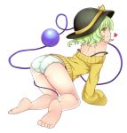  1girl all_fours ass bangs bare_legs bare_shoulders barefoot black_hat blush bow closed_mouth eyeball from_side full_body green_eyes green_hair hat hat_bow heart komeiji_koishi long_sleeves looking_at_viewer looking_to_the_side no_pants off_shoulder panties profile rimu_(kingyo_origin) sleeves_past_wrists smile solo strap_slip sweater third_eye touhou underwear white_background white_panties yellow_bow 