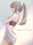  1girl 2017 aran_sweater artist_name ass backless_outfit bandeau bangs bare_shoulders blunt_bangs blush breasts brown_eyes brown_hair chromatic_aberration closed_mouth commentary_request cowboy_shot crossed_arms dated dress e-mail_address eyebrows_visible_through_hair fingernails from_behind grey_dress hair_ornament hair_scrunchie halterneck highres long_hair looking_at_viewer looking_back no_panties no_underwear open-back_dress original ponytail pouty_lips ribbed_sweater scrunchie sidelocks small_breasts solo standing sweater sweater_dress turtleneck turtleneck_sweater virgin_killer_sweater watermark web_address xiangtu 