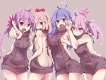  4girls ahoge akebono_(kantai_collection) animal animal_on_head ass backless_outfit bare_back bare_shoulders blue_hair bow breast_grab breasts butt_crack clenched_hand covered_mouth crab dress eyebrows_visible_through_hair from_behind grabbing grin hair_between_eyes hair_bobbles hair_bow hair_ornament highres kantai_collection large_breasts leaning_forward long_hair looking_at_viewer medium_breasts multiple_girls naked_sweater oboro_(kantai_collection) oboro_(taimanin_asagi) on_head open_mouth orange_hair ozu_warudo pink_eyes pink_hair pointing pointing_at_viewer purple_hair ribbed_sweater sazanami_(kantai_collection) side_ponytail small_breasts smile sweater sweater_dress tears thighs turtleneck turtleneck_sweater twintails ushio_(kantai_collection) very_long_hair violet_eyes virgin_killer_sweater wavy_mouth yellow_eyes yuri 