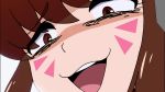  1girl :3 :d bags_under_eyes brown_eyes brown_hair close-up colored d.va_(gremlin) d.va_(overwatch) d.va_main facepaint highres jakuzure_nonon jpeg_artifacts kill_la_kill open_mouth overwatch parody smile smug sneer solo 