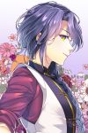  1boy bangs braid chinese_clothes closed_mouth eyebrows_visible_through_hair eyelashes floral_background flower from_side fushigi_yuugi gradient gradient_background hair_over_shoulder long_hair looking_at_viewer male_focus nasubi_(w.c.s) nuriko_(fushigi_yuugi) orange_flower pink_flower profile purple_background purple_flower purple_hair red_rose rose side_glance single_braid sleeves_rolled_up smile solo trap upper_body white_flower yellow_eyes 