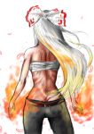  1girl alternate_bottom_wear ass back belt bow butt_crack commentary_request cowboy_shot denim fire from_behind fujiwara_no_mokou hair_bow long_hair nanbaba no_shirt parody ryuu_ga_gotoku sarashi silver_hair simple_background solo touhou very_long_hair white_background 