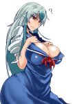  1girl ? bangs blue_dress blue_hair breasts cleavage closed_mouth cowboy_shot dress from_side frown heiseikorotaisei kamishirasawa_keine large_breasts long_hair multicolored_hair puffy_short_sleeves puffy_sleeves red_eyes short_sleeves sidelocks silver_hair solo touhou two-tone_hair 
