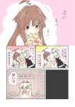  !? (o)_(o) 2girls ahoge bangs bathtub belly_grab blunt_bangs bow brown_eyes brown_hair censored closed_eyes comic commentary_request eating finger_to_mouth fingerless_gloves food gloves hair_bow hair_flaps hikawa79 holding holding_food kantai_collection kuma_(kantai_collection) long_hair midriff multiple_girls neckerchief open_mouth pink_background pizza remodel_(kantai_collection) school_uniform serafuku short_sleeves shorts sidelocks smile spoken_interrobang sweat sweating_profusely teeth timer tomato translation_request turn_pale yuudachi_(kantai_collection) 