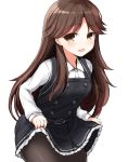  1girl :d arashio_(kantai_collection) blush brown_eyes brown_hair don_(29219) dress dress_lift frilled_dress frills kantai_collection lifted_by_self long_hair long_sleeves looking_at_viewer open_mouth pantyhose pinafore_dress remodel_(kantai_collection) smile solo white_background 