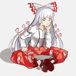  1girl boots bow chin_rest clenched_hand fujiwara_no_mokou full_body gradient_ray hair_bow hair_ribbon hand_on_own_cheek hand_on_own_face long_hair long_sleeves looking_at_viewer ofuda pants red_eyes ribbon silver_hair sitting smile solo suspenders touhou very_long_hair 
