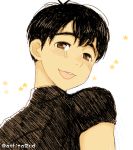  1boy ashita_(liquid_berry_revolution) black_hair brown_eyes dark_skin dark_skinned_male male_focus open_mouth phichit_chulanont smile star twitter_username upper_body yuri!!!_on_ice 