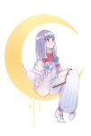  1girl bangs benghuai_7 blue_bow blunt_bangs bow bow_legwear breasts capelet closed_mouth crescent_moon dress eyebrows_visible_through_hair full_body hair_bow high_heels highres long_hair looking_away moon no_hat no_headwear patchouli_knowledge purple_hair red_bow sidelocks simple_background sitting solo striped touhou vertical-striped_dress vertical_stripes violet_eyes 