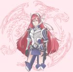  1girl armor dragon fire_emblem fire_emblem:_kakusei gloves hairband long_hair looking_at_viewer pink_background red red_eyes redhead serge_(fire_emblem) smile thigh-highs 
