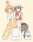  2girls :&gt; :o alternate_color animal_ears ankle_boots backpack backpack_removed bag bare_shoulders belt black_gloves black_hair black_legwear blush boots bow bowtie brown_footwear brown_shoes bucket_hat cat_ears cross-laced_clothes dot_nose elbow_gloves eyebrows_visible_through_hair flat_color food full_body gloves gloves_removed grey_ribbon hair_between_eyes hat holding holding_food invisible_chair japari_bun kaban kasa_list kemono_friends loafers looking_at_another looking_to_the_side lucky_beast_(kemono_friends) multiple_girls open_mouth orange_eyes orange_hair orange_legwear pantyhose pocket red_shirt ribbon serval_(kemono_friends) serval_ears shirt shoe_ribbon shoes short_hair short_sleeves shorts simple_background sitting skirt sleeveless sleeveless_shirt tareme thigh-highs violet_eyes white_background white_boots white_footwear white_gloves white_shirt zettai_ryouiki |_| 