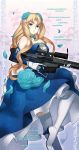  1girl azureyfear_winchell blonde_hair blue_dress blue_eyes blue_flower blue_ribbon boots breasts character_name cleavage collarbone dress flower gloves gun hair_flower hair_ornament heavy_object high_heel_boots high_heels highres holding holding_gun holding_weapon large_breasts long_hair looking_at_viewer nagi_ryou neck_ribbon ribbon riffle solo thigh-highs thigh_boots weapon white_boots white_gloves 