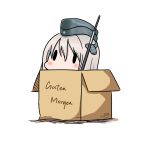  1girl 2017 absurdres blush box cardboard_box chibi dated german hair_between_eyes hatsuzuki_527 highres in_box in_container kantai_collection pale_skin peeking_out silver_hair simple_background solid_oval_eyes translated twitter_username u-511_(kantai_collection) white_background 
