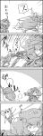  1girl 4koma bow comic greyscale gun hair_bobbles hair_bow hair_ornament hat highres horn_bow horns ibuki_suika kawashiro_nitori log long_hair machine_gun monochrome oni tani_takeshi touhou translated twintails weapon yukkuri_shiteitte_ne 