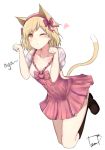  1girl animal_ears blonde_hair boots brown_boots brown_eyes buttons cat_ears cat_tail collarbone djeeta_(granblue_fantasy) granblue_fantasy hairband heart kemonomimi_mode knee_boots linez looking_at_viewer one_eye_closed paw_pose pink_ribbon ribbon short_hair short_sleeves signature simple_background solo tail white_background 