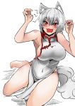  1girl :d alternate_costume animal_ears bangs bare_arms bare_legs bare_shoulders barefoot blush breasts china_dress chinese_clothes claw_pose covered_navel dress grey_hair growling heiseikorotaisei inubashiri_momiji large_breasts looking_at_viewer open_mouth pelvic_curtain red_eyes short_hair sideboob smile solo tail touhou white_dress wolf_ears wolf_tail 