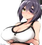  1girl bikini blush breast_hold breasts don_(29219) eyepatch kantai_collection large_breasts looking_at_viewer purple_hair short_hair signature solo swimsuit tenryuu_(kantai_collection) twitter_username upper_body white_background white_bikini yellow_eyes 