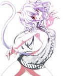  1girl :d animal_ears arched_back armpits ass backless_outfit bangs bare_arms bare_back bare_shoulders breasts butt_crack cat_ears cat_tail cowboy_shot dress fang fingernails from_side heart hunter_x_hunter looking_at_viewer looking_to_the_side neferpitou open-back_dress open_mouth red_eyes ribbed_sweater sharp_fingernails slit_pupils small_breasts smile solo sweater sweater_dress tail turtleneck turtleneck_sweater virgin_killer_sweater watarui white_hair 