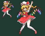  &gt;:d 1girl :d arms_up ascot blonde_hair commentary_request crystal flandre_scarlet frilled_hat frilled_skirt frills full_body green_background hat hat_ribbon hips jumping mary_janes mob_cap open_mouth pixel_art puffy_short_sleeves puffy_sleeves red_eyes red_ribbon red_shoes red_skirt red_vest ribbon shoes short_sleeves side_ponytail simple_background skirt smile solo takorin thigh-highs touhou vest wavy_hair white_legwear wings 