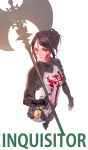  armor belt black_hair blood blood_on_face bloody_clothes brown_eyes dungeon_and_fighter female_priest_(dungeon_and_fighter) fingerless_gloves flask gauntlets gloves highres inquisitor_(dungeon_and_fighter) long_hair looking_at_viewer ltr0312 polearm ponytail serious tabard weapon 