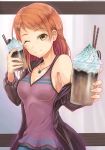  1girl arigato_(rmskrtkdlqj) bare_shoulders blurry blush braid breasts brown_eyes brown_hair cookie depth_of_field food frappuccino hair_ornament hairclip houjou_karen idolmaster idolmaster_cinderella_girls jewelry long_hair looking_at_viewer necklace off_shoulder one_eye_closed smile solo 