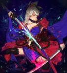  1girl black_legwear black_ribbon blue_dress blue_eyes breasts cleavage dress dual_wielding fate/grand_order fate_(series) full_body hair_ribbon highres holding holding_sword holding_weapon kisaragi_chiyuki large_breasts long_hair looking_at_viewer miyamoto_musashi_(fate/grand_order) navel one_knee parted_lips ribbon sheath silver_hair solo sword thigh-highs unsheathing weapon 